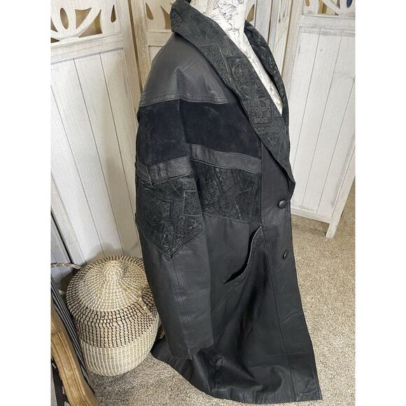 Vintage 80s Outbrook Leather Trench Coat Car Jacket Navajo Tribal Size 2XL - Picture 6 of 10